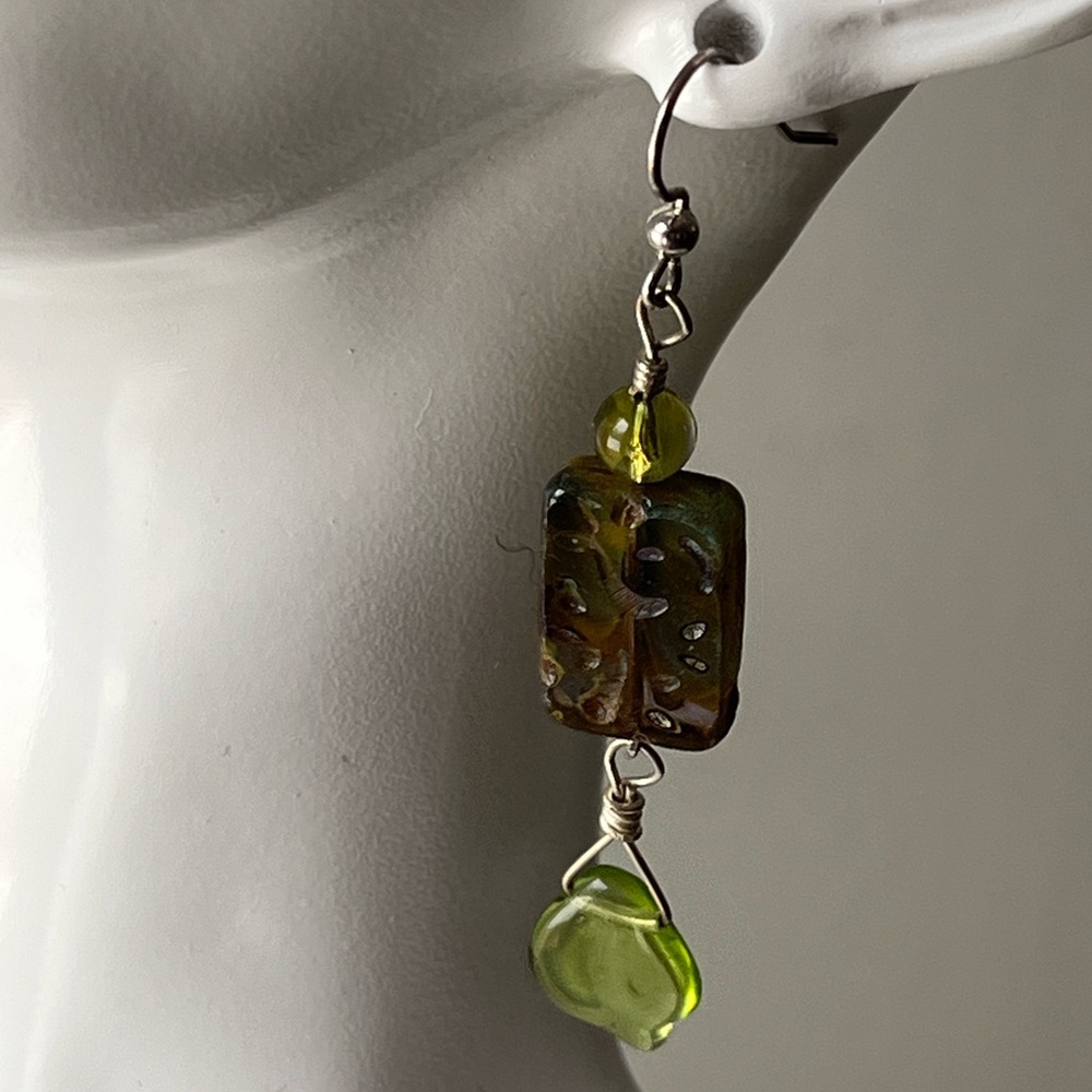 Handmade Sterling Silver Green Glass Dangle Earrings With Glass Leaf Detail